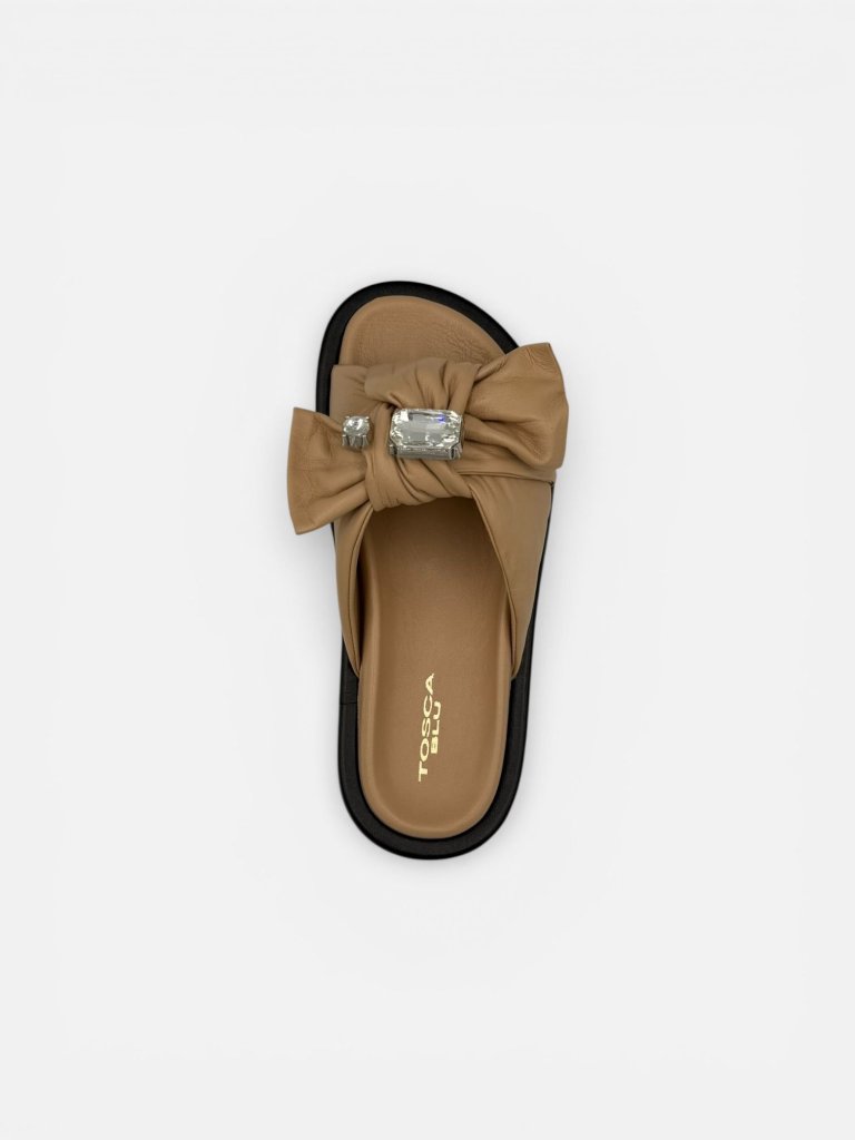 Sandale Tosca Blu din Piele Naturală cu Accesoriu din Cristal - Bej